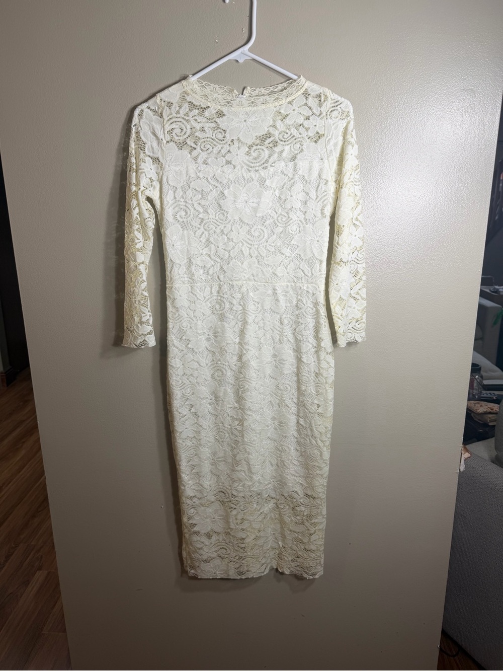 Cream Floral Lace Midi Dress Mock Neck Long Sleeve Romantic Cottagecore M